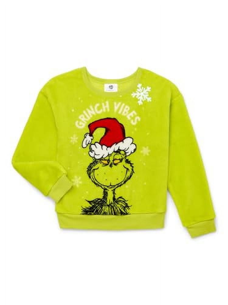 Girls Grinch Vibes Plush Woobie Pullover Sweatshirt, Green, X-Small