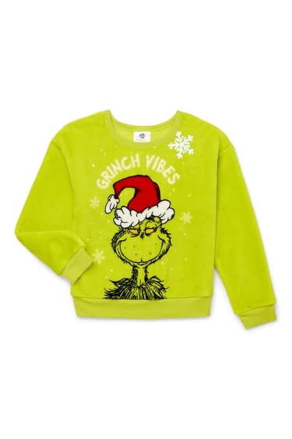Girls Grinch Vibes Plush Woobie Pullover Sweatshirt, Green, X-Small
