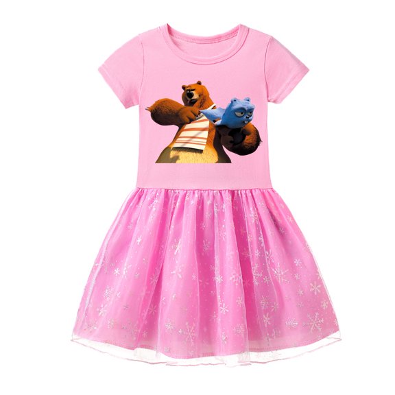 Girls' Grizzly And The Lemmings Tulle Short Sleeve Cotton Dress with Prints - A Perfect Summer Fashion Piece