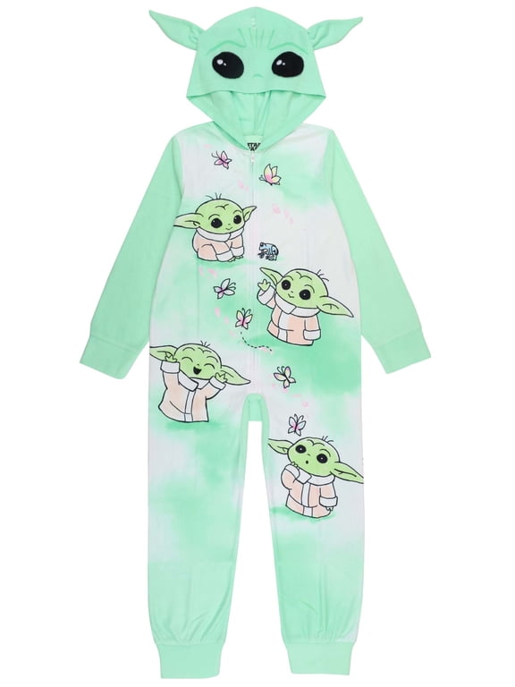 Yoda Hooded Union Suit Pajamas - Footless Sleeper For Kids (Size 10, Green)