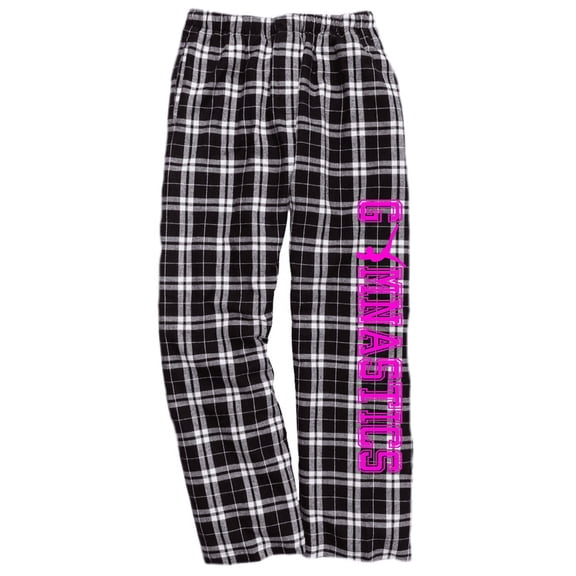 Girls Gymnastics Black and White Flannel Pants (Neon Pink, Youth Large 14/16)