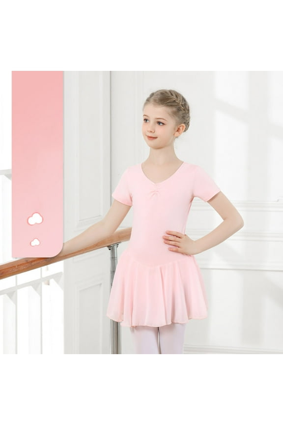 Girls Gymnastics Leotards Elegant Ballerina Bodysuit Solid Short Sleeve Dancewear Translucent Tutu Skirted Leotard Pink-Short Sleeve 6-7Years