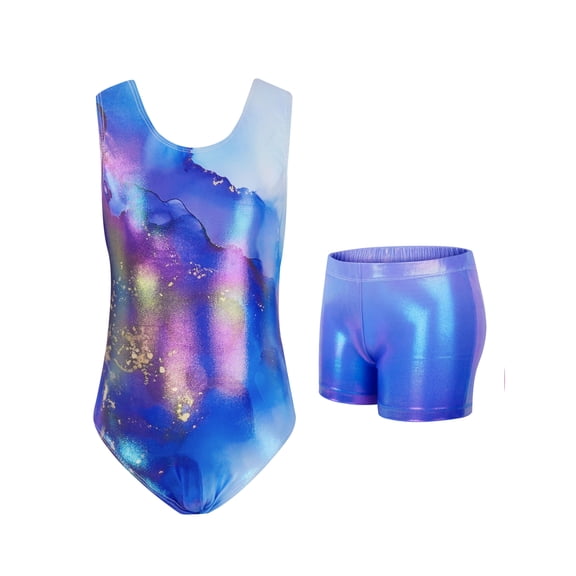 Girls Gymnastics Leotards, Glitter Ballet Dance Unitards Biketards Activewear with Short & Hairband for Kids