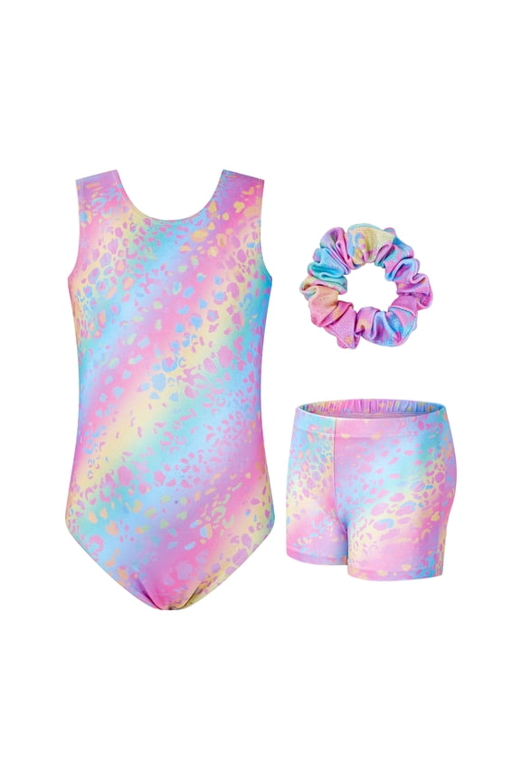 Girls Gymnastics Leotards, Glitter Ballet Dance Unitards Biketards Activewear with Short & Hairband for Kids