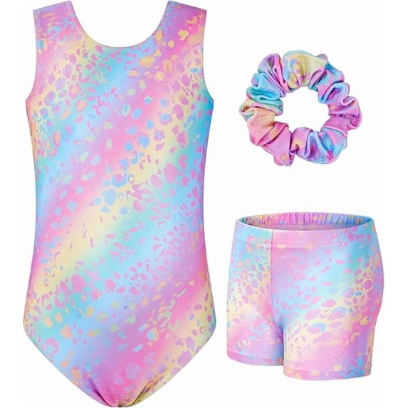 Gymnastics Leotards for Girls, Sleeveless U Shape Neck Sparkly Dance Unitards with Shorts and Hair Toddler Leotard for Age 5-10