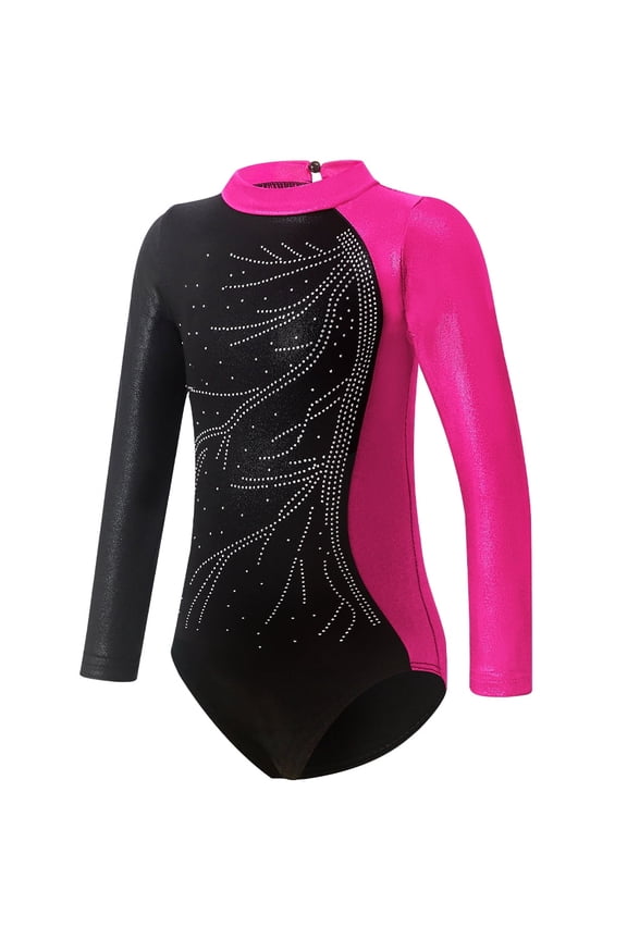 Girls Gymnastics Leotards Long Sleeve Sparkly Shiny Diamond Ballet Dance Costume One Piece Tumbling Outfits for Practice
