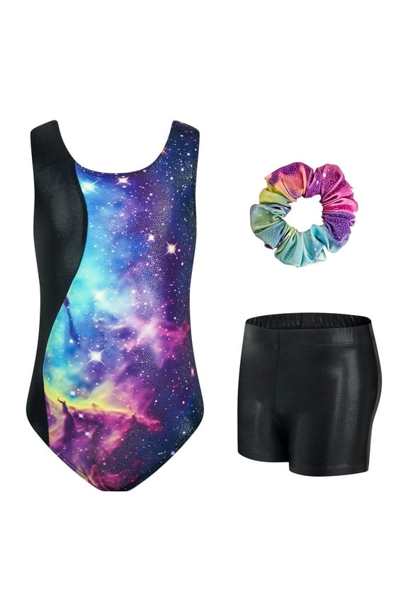 Girls Gymnastics Leotards Sleeveless U Shape Neck,Sparkly Dance Unitards with Shorts and Hair Rope for 3-12 Years girls