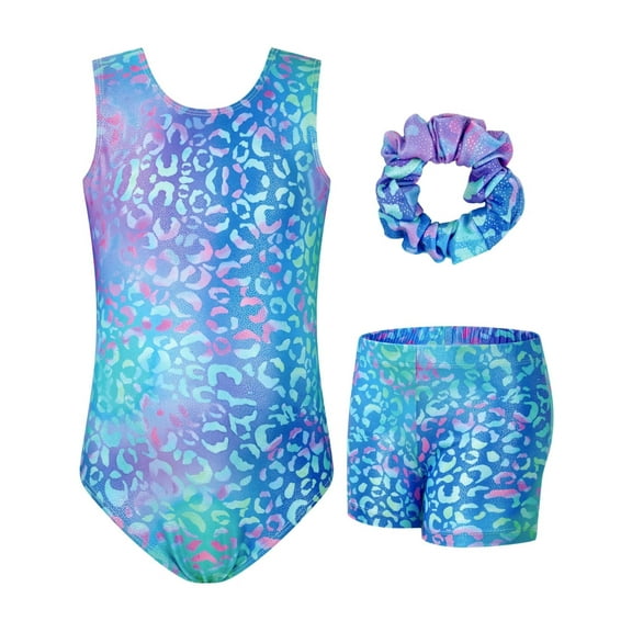 Girls Gymnastics Leotards Sleeveless U Shape Neck,Sparkly Dance Unitards with Shorts and Hair Rope for 3-12 Years girls