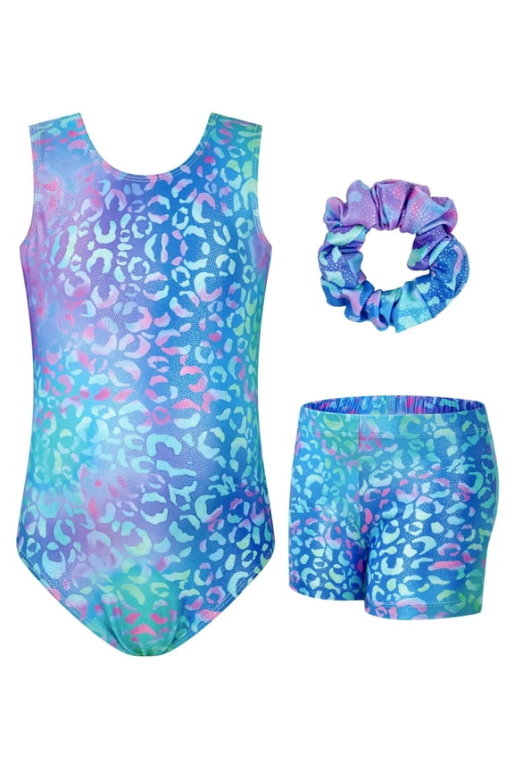 Girls Gymnastics Leotards Sleeveless U Shape Neck,Sparkly Dance Unitards with Shorts and Hair Rope for 3-12 Years girls