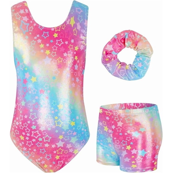 Girls Gymnastics Leotards Sleeveless U Shape Neck, Sparkly Dance Unitards with Shorts and Hair Toddler Leotard for 3-12 Years