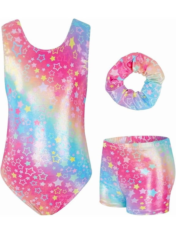 Girls Gymnastics Leotards Sleeveless U Shape Neck, Sparkly Dance Unitards with Shorts and Hair Toddler Leotard for 3-12 Years