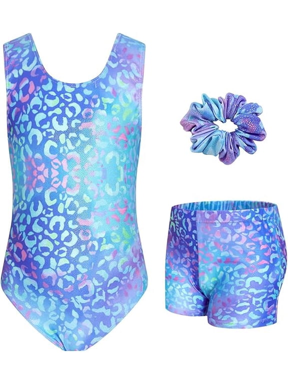 Girls Gymnastics Leotards Sleeveless U Shape Neck, Sparkly Dance Unitards with Shorts and Hair Toddler Leotard for 3-12 Years