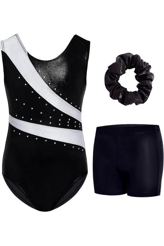 Girls Gymnastics Leotards with Sparkly Rhinestones, Shorts & Hair Scrunchie 3 PCS Activewear Set for Youth 3-12Y