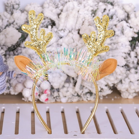 Girls' Hair Accessories, Golden Glitter Reindeer Antler Headband With Faux Fur Ears And Tinsel Accents, For Christmas Parties, Holiday Celebrations, Events, Daily Wear