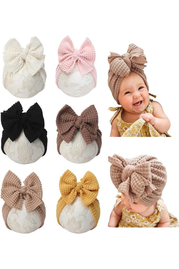 Girls Hair Bow Turban Hat 6 count Set, Top Bowknot  Wrap Beanie India Caps for