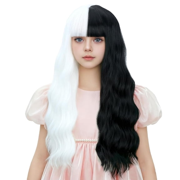 Girls Half Black Half White Long Curly Wigs with Bangs Wigs