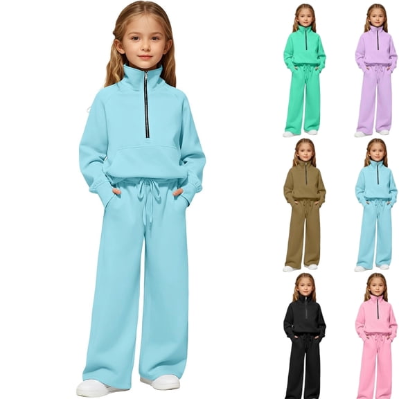 Girls Half Zip 2 Piece Sweatsuits Solid Fashion Tracksuit Set For Kids Sweatshirt and Jogger Sweatpants Matching Sets,Sky Blue 13-14 Years