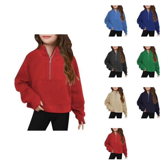 Girls Half-Zip Crop Pullover, Lightweight Long Sleeve Winter Sweatshirt Top with Thumb Holes, Cute Trendy Fall Fashion for Teen Girls