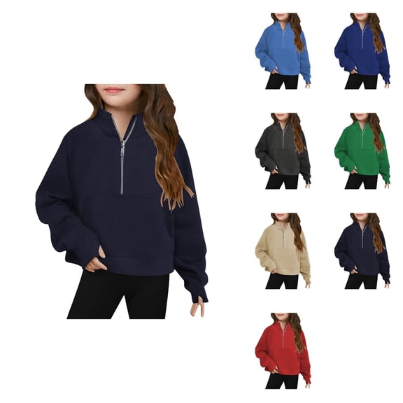 Girls Half-Zip Crop Pullover, Lightweight Long Sleeve Winter Sweatshirt Top with Thumb Holes, Cute Trendy Fall Fashion for Teen Girls