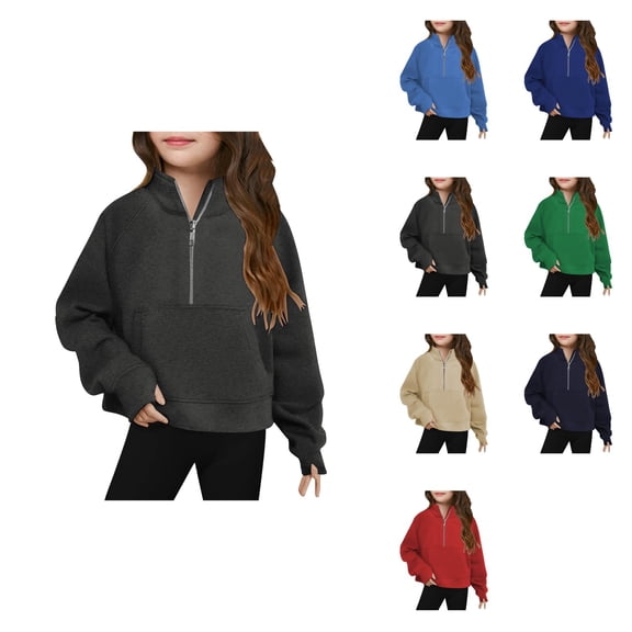 Girls Half-Zip Crop Pullover, Lightweight Long Sleeve Winter Sweatshirt Top with Thumb Holes, Cute Trendy Fall Fashion for Teen Girls