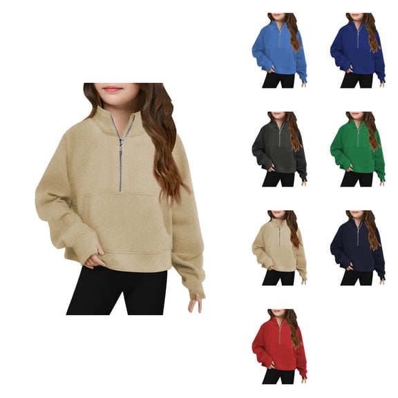 Girls Half-Zip Crop Pullover, Lightweight Long Sleeve Winter Sweatshirt Top with Thumb Holes, Cute Trendy Fall Fashion for Teen Girls