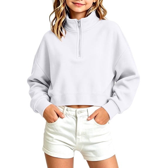 Girls' Half Zip Crop Top, Mock Neck Long Sleeve Pullover Sweatshirt, Solid Color Casual Fit For Teens & Kids White 14-15 Years