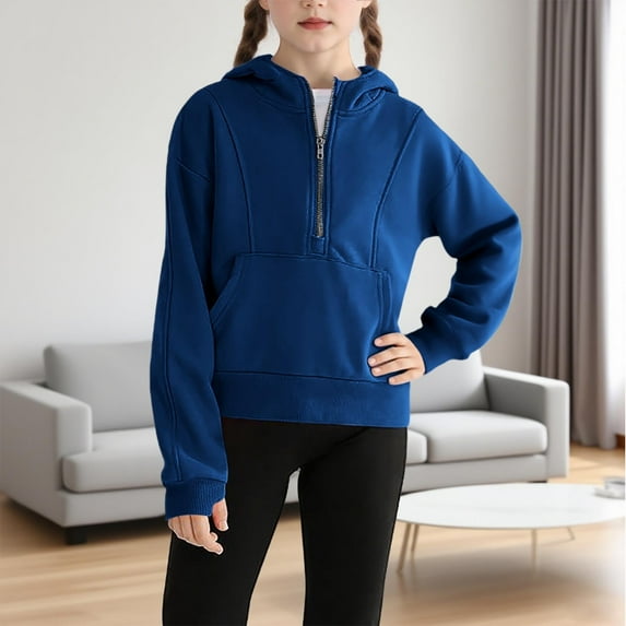 Girls Half Zip Hoodie Collar Cropped Hoodies Long Sleeve Fleece Zip up Pullover Sweatshirts Athletic Sweater Girls Oversized Sweatshirt Blue 9Y