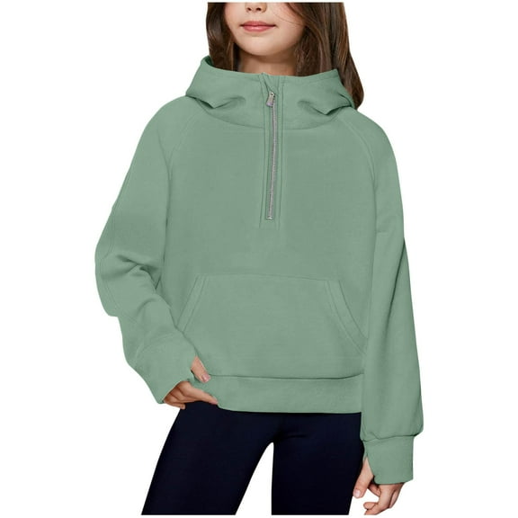 Girls Half Zip Pullover, Kids Toddler Hooded Quarter Zip Sweatshirt with Pockets Casual Loose Winter Long Sleeve Hoodies Tops Shirts Green 4T