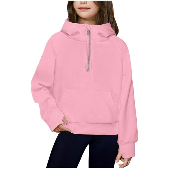 Girls Half Zip Pullover, Kids Toddler Hooded Quarter Zip Sweatshirt with Pockets Casual Loose Winter Long Sleeve Hoodies Tops Shirts Pinks 6T