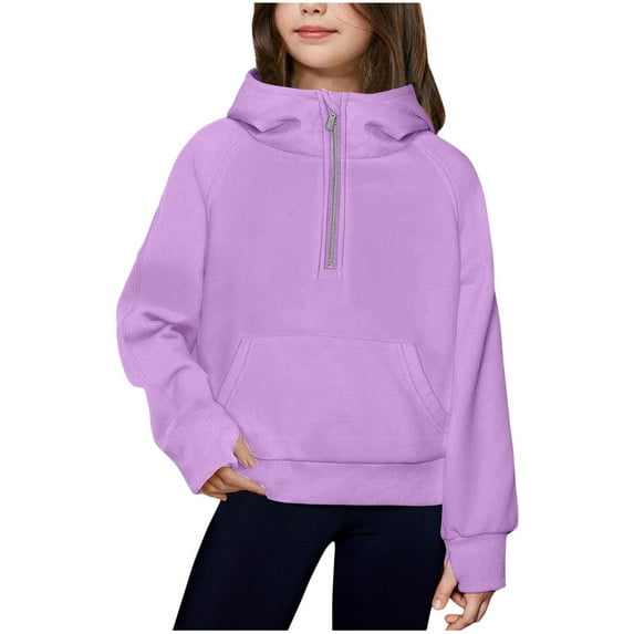 Girls Half Zip Pullover, Kids Toddler Hooded Quarter Zip Sweatshirt with Pockets Casual Loose Winter Long Sleeve Hoodies Tops Shirts Purples 4T