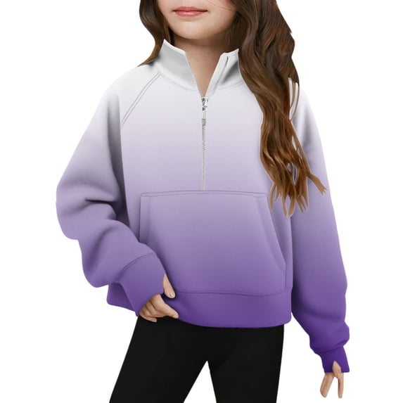 Girls Half Zip Stand Up Collar Sweatshirt, Long Sleeve Pullover Crop Top for Kids, Fleece Lined Tee