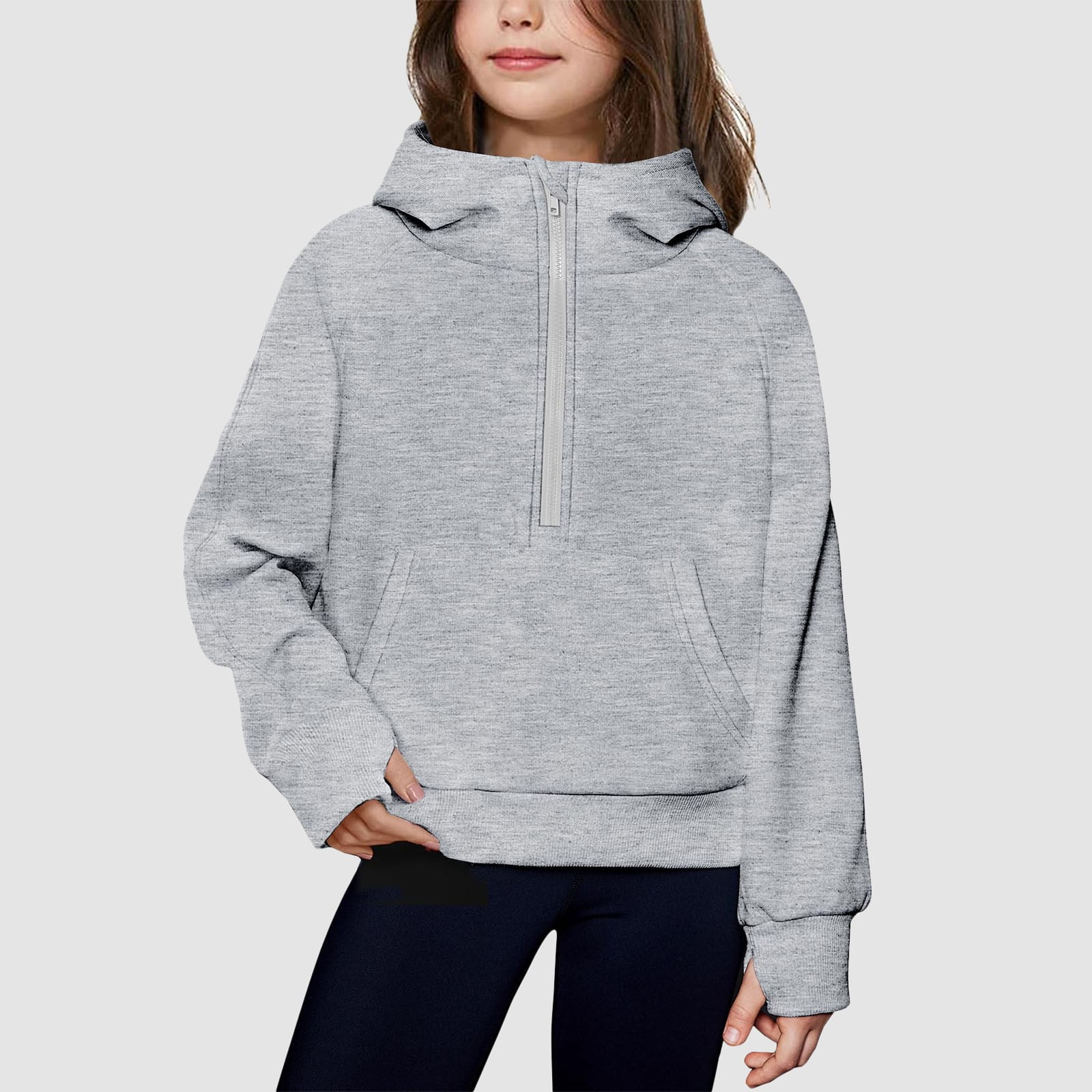 Women's Half-Zip Fleece Pullover – Cropped, Thumb Holes, Kangaroo Pocket, Army Green