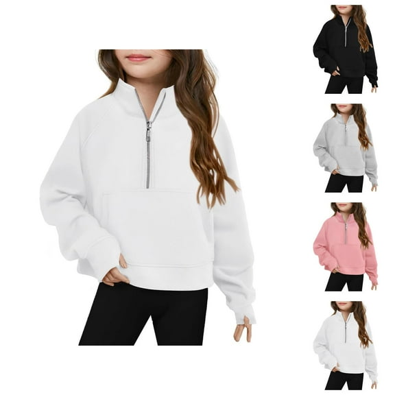 Girls Half Zip Sweatshirts 2025 Long Sleeve Casual Loose Cute Collared Plain Sweatshirt Kids Pullover Tops