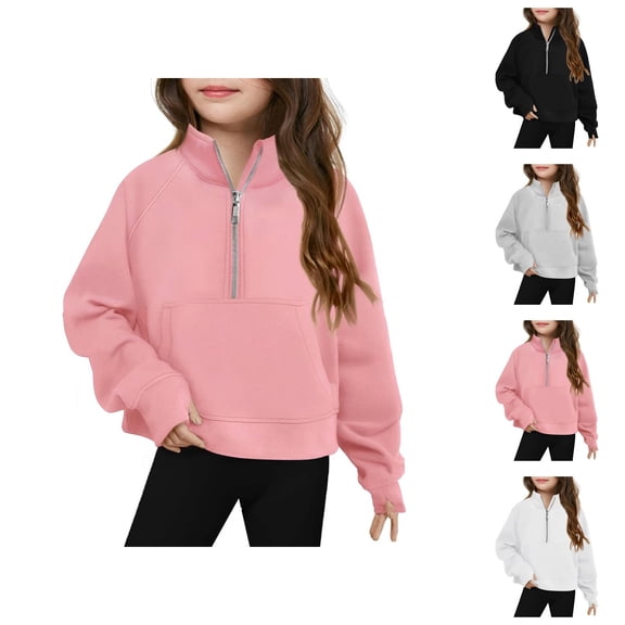 Girls Half Zip Sweatshirts 2025 Long Sleeve Casual Loose Cute Collared Plain Sweatshirt Kids Pullover Tops