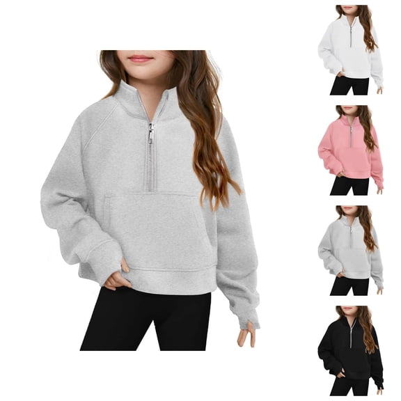 Girls Half Zip Sweatshirts Casual Long Sleeve Loose Cute Collared Plain Sweatshirt Kids Pullover Tops