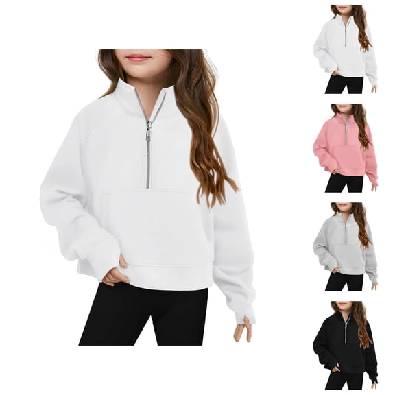Girls Half Zip Sweatshirts Casual Long Sleeve Loose Cute Collared Plain Sweatshirt Kids Pullover Tops