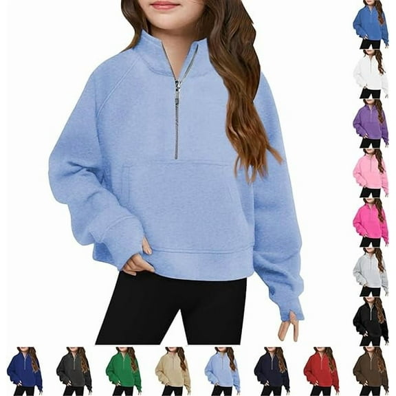 Girls Half Zip up Sweatshirt Trendy Winter Cropped Long Sleeve Shirt Pullover Youth Preppy Tween Girl Cute Clothes Light Blue 13-14Years