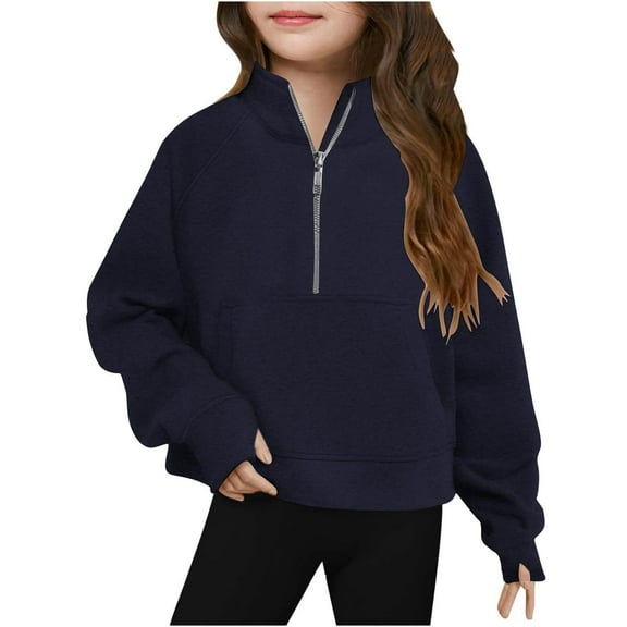 Girls Half Zipper Sweatshirts Cute Trendy Fall Pullover Crop Tops for Teen Girls Long Sleeve Sweater Clothes Thumb Hole 5-16Y