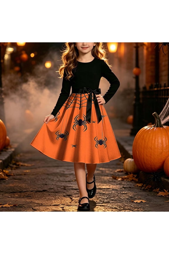Girls Hall-oween Spider Web Dress Long Sleeve A-Line Costume for Kids Orange 120-160,Size 5 T