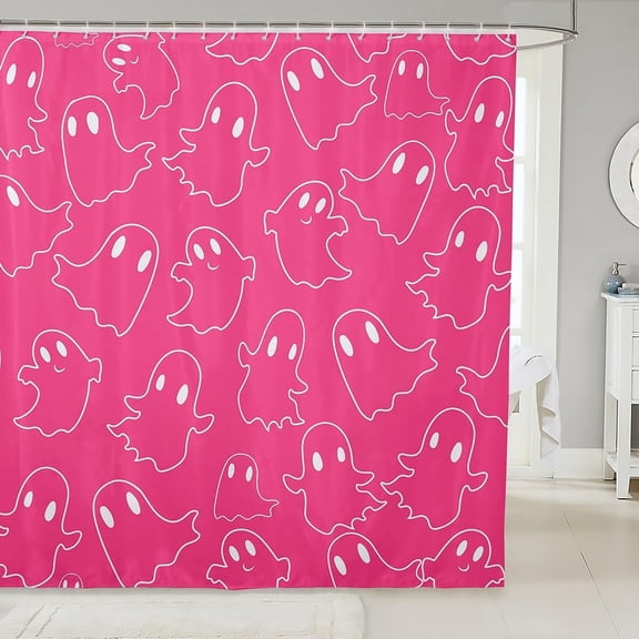 Girls Hallloween Ghost Bath Curtain 72" W X 72" L, Kawaii Ghost Shower Curtain, Cute Pink Spooky Bathroom Accessories for Kids Teens Women, Funny Halloween Decor Bathroom Decor