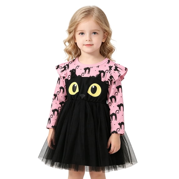 Girls Halloween Black Cat Print Long Sleeve Ruffle Mesh Tutu Dress, Kids Cartoon Cosplay Party Dress for Holiday Performance Party(Pink1,2-3 Years)