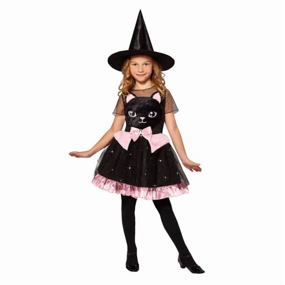 Girls Halloween Black Cat Witch , Sparkle Tutu Dress with Witch Hat, Kids Cosplay Outfit for Trick or Treat Party, 4-12 Years