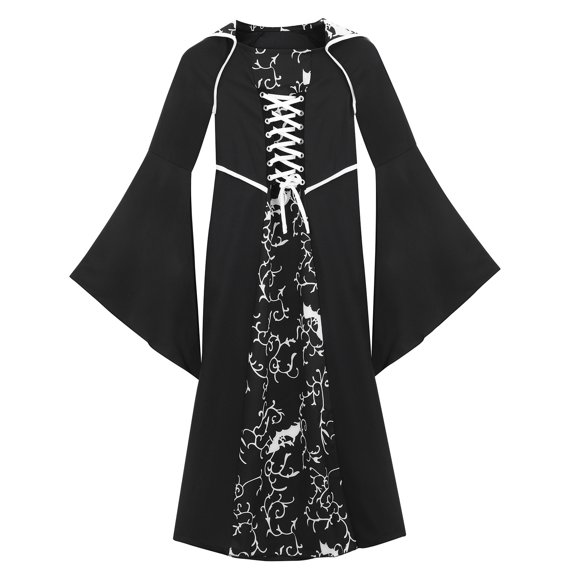 Girls Halloween Black Gothic Robe with Lace-Up Detail, Long Sleeve Witch Style Outfit, Size:140
