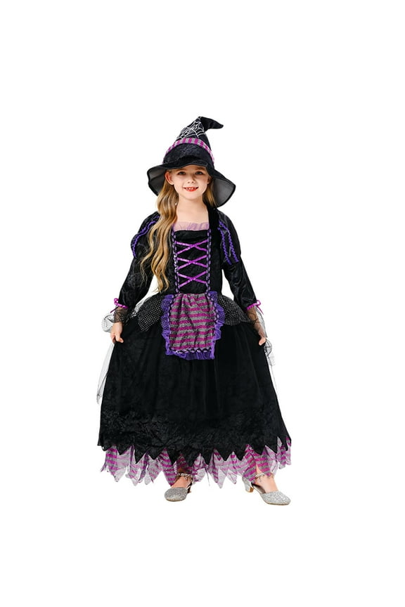 Girls Halloween Clothes Black Witch Dress Halloween Costumes for Girls 4-12 Years Party Outfits (8 Years, Purple)