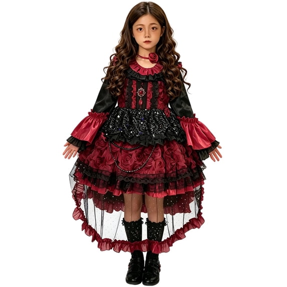 Girls Halloween Clothes Ruffle Long Sleeve Tutu Dress,Kids Halloween Party Outfit for Role Play