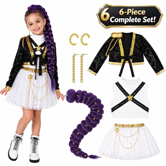 Girls Halloween Cosplay Costume Pop Idol Dress Up Outfit Set with Sequin Jacket White Tulle Skirt Purple Hair Braid Jewelry Accessories