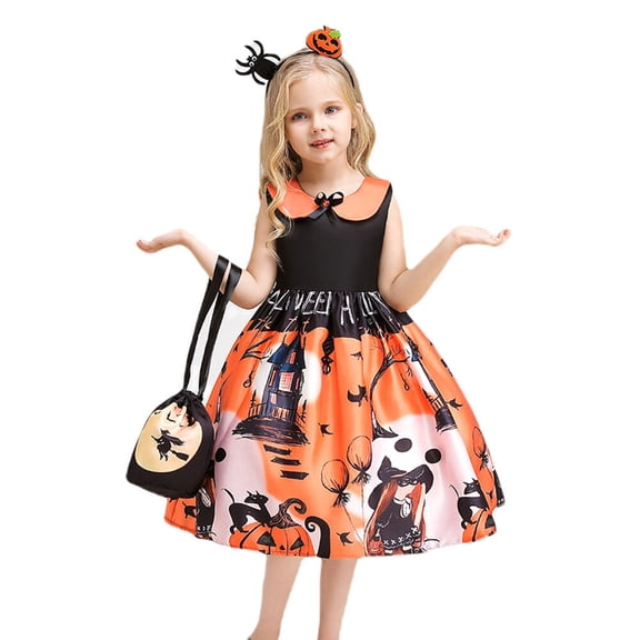 Girls Halloween Costume Dress 2PCS Witch Ghost Pumpkin Skull W/Bag Cosplay Princess Outfits