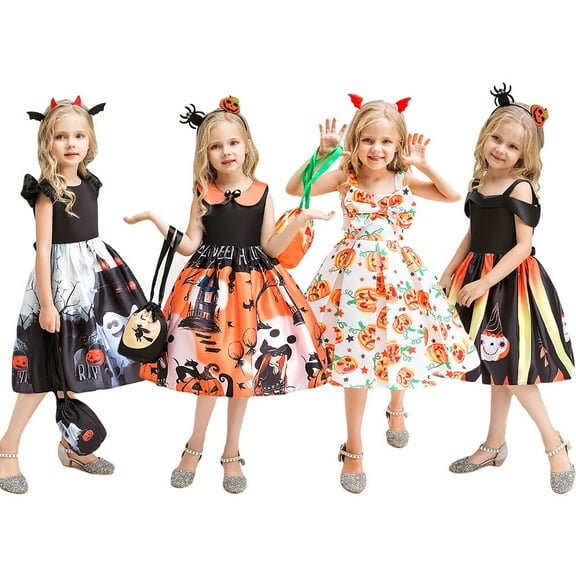 Girls Halloween Costume Dress 2PCS Witch Ghost Pumpkin Skull W/Bag Cosplay Princess Outfits