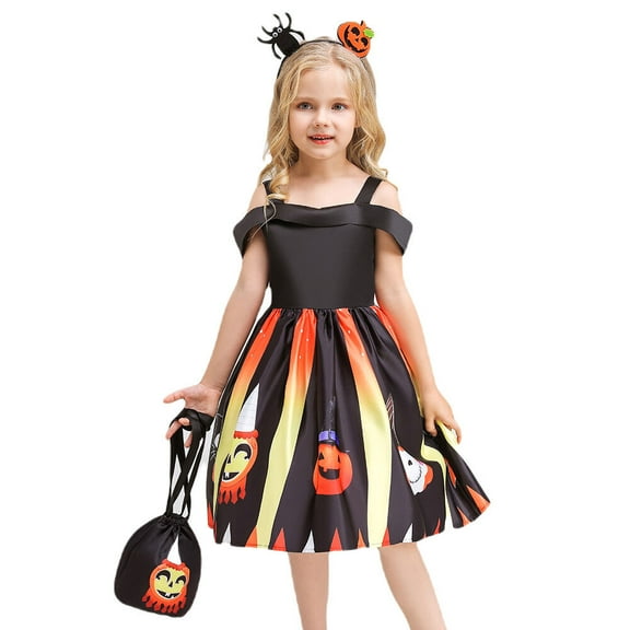 Girls Halloween Costume Dress 2PCS Witch Ghost Pumpkin Skull W/Bag Cosplay Princess Outfits