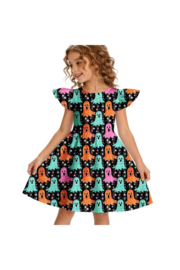 Girls Halloween Costume Dress Flutter Sleeve Ruffle Crew Neck A-Line Swing, Bright Jack O Lantern Star Glow Print Kids Party Dress Orange 110